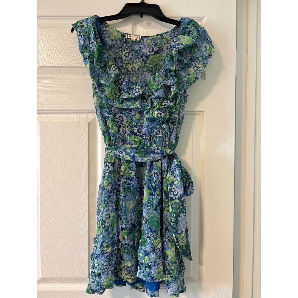 Isenboye Floral Ruffle Mini Dress Womens Small Blue Green Excellent Chiffon Belt